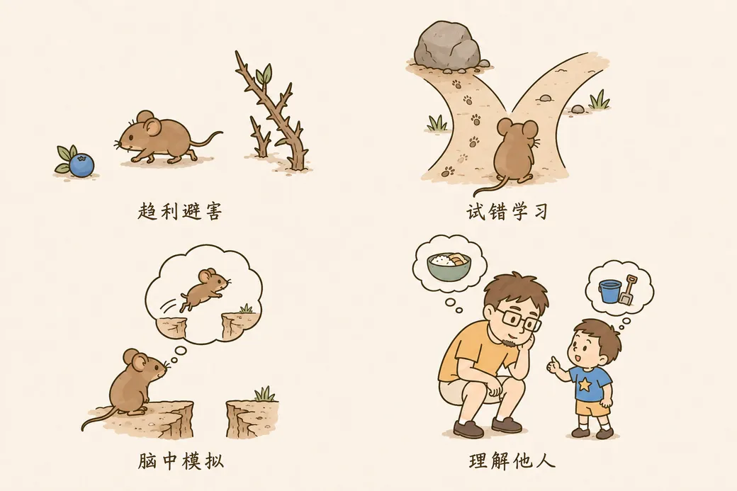 四宫格概念场景：趋利避害、试错学习、脑中模拟、理解他人
